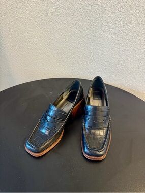 Dolce Vita Talie Penny Loafers Block Heel Black Embossed Leather